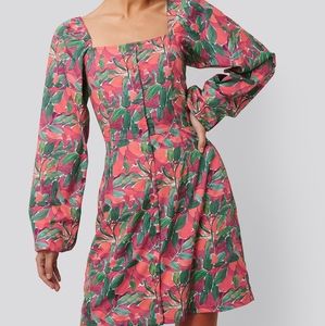 Nakd pink orange puff sleeve square neck dress sz 38